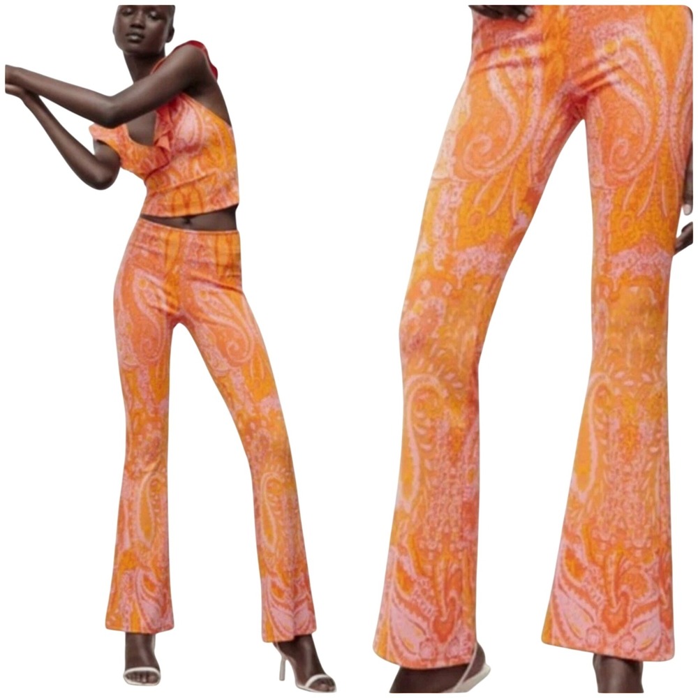 Zara Orange & Pink Paisley Boot-Cut Pants